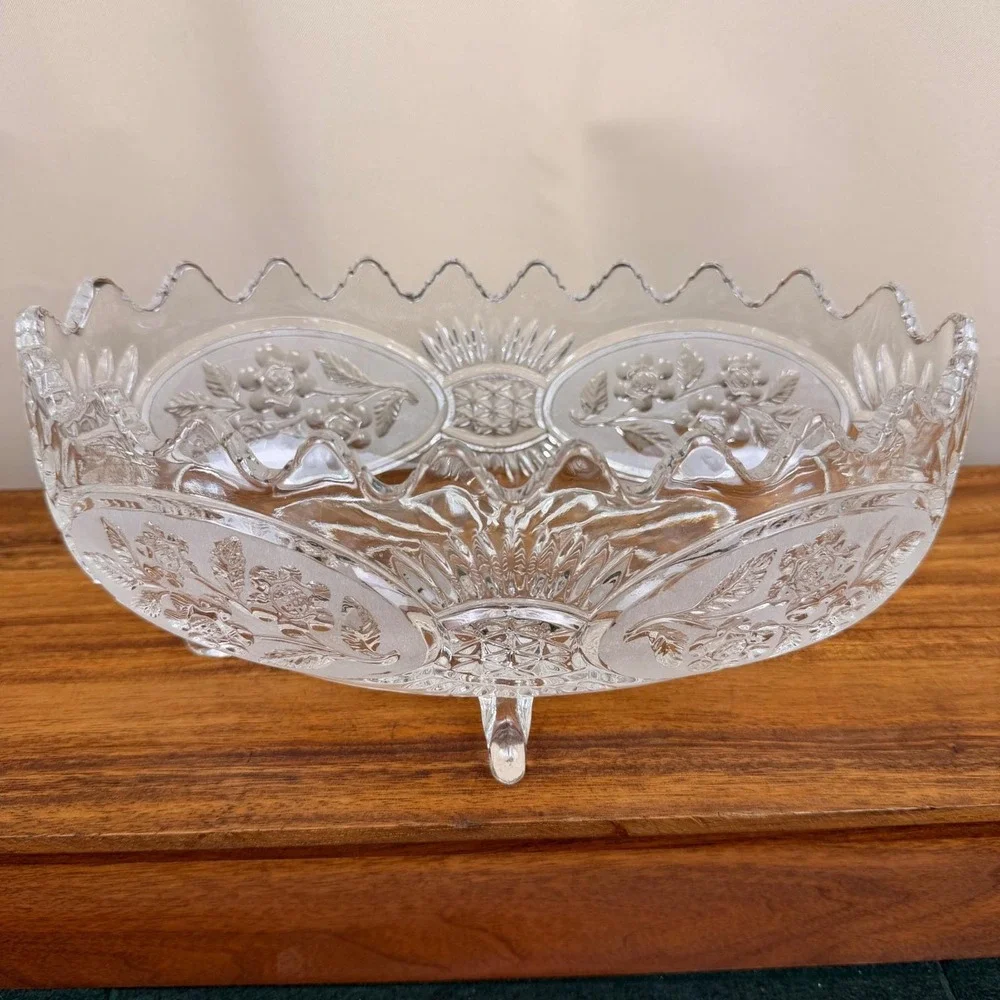 Crystal Clear Industries Flora Yugoslavia Oval Footed Bowl Frosted Rose Crystal